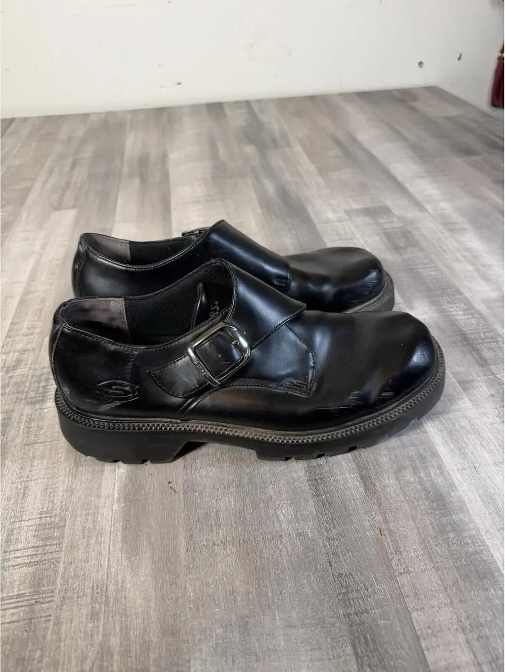 Skechers Mens Size 13 Black Leather Y2K Chunky Buckle Strap Moto Goth Platform
